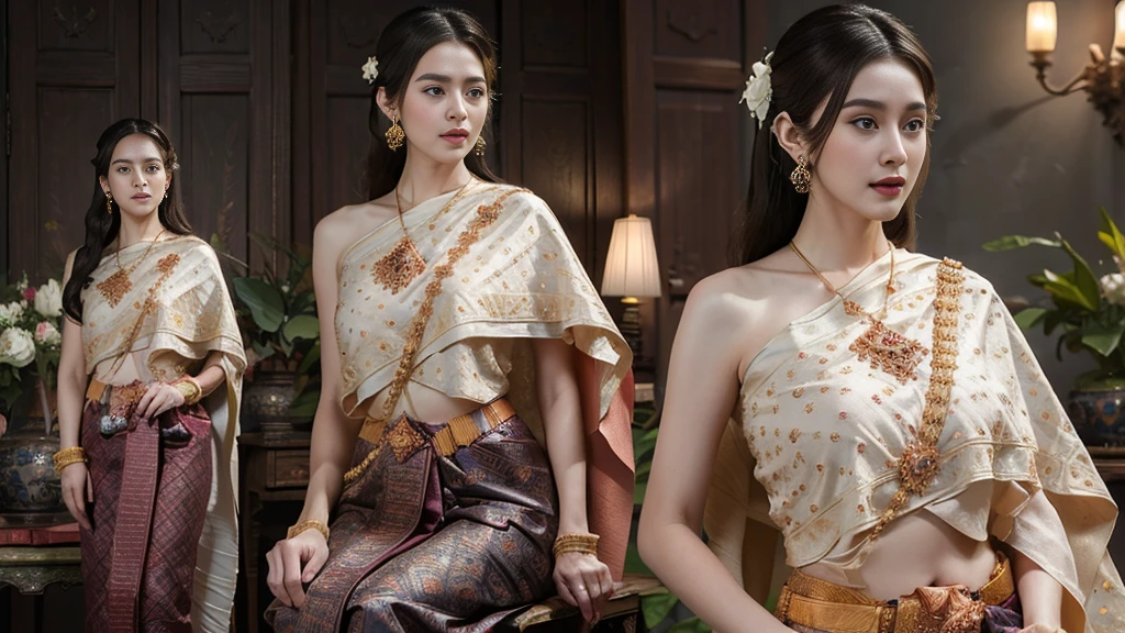 (raw photos:1.2), (realistic:1.4), (Masterpiece:1.3), (best quality:1.4), Ultra high resolution, (Detailed eyes), (Detailed facial features), (Detailed clothing features), HDR, 8k resolution, Focus only, Dressing according to Thai tradition, Traditional shawl , 1 woman , big breasts, A gigantic rift, big breastsดันเสื้อผ้า, big breast, The breasts will fully grow..., Make your breasts bigger.., small waist, Long legs, Facing the audience, full body, depth of field, Cinema-grade lighting system, big breasts, Too big for your body, Revealing a flat stomach, The lower half of the chest can be seen..., Sexy sitting posture, Pictures from eye-catching angles, Correct picture elements, The picture is complete., Modeling, Realistic scene,