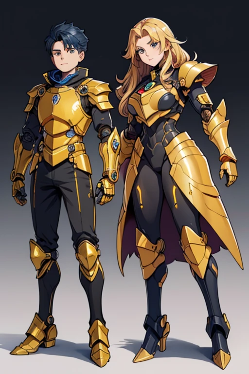 female, golden yellow body, brown mane, blue eyes, robotic, robot, (((1boy))), (((golden yellow metal armor))), (black clawed cybernetic gauntlets), (black cybernetic boots)