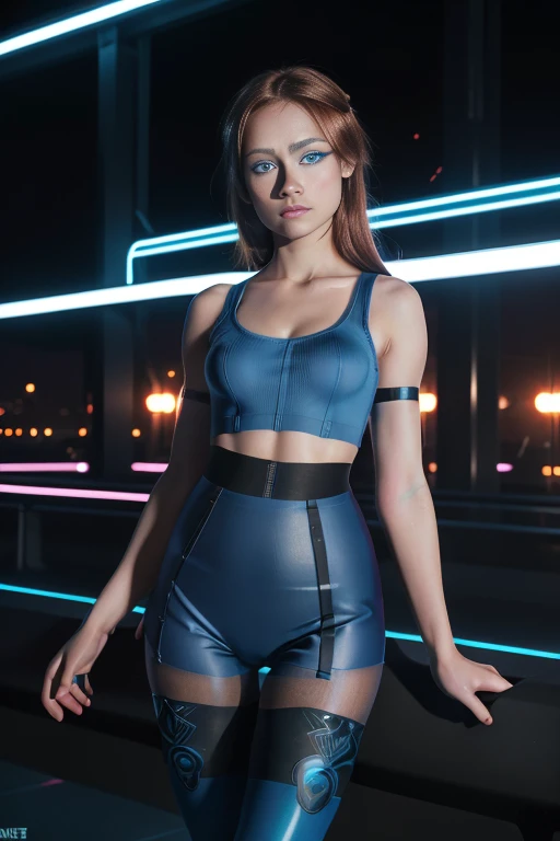 1 girl, alone, (Not suitable for work), cute redhead 18 year old girl with two cocks, ((perfect female body)), (cute face makeup), several (Regenbogenfarbenes Hair: 1.2), (beautiful detailed blue eyes: 1.6), (photorealestic eyes: 1.6), Happy, ukranian, (petite body), ((small hips)), pale white skin, (Miniskirt and tube top), (matte tights: 1.6), ("Tron Legacy" Style Background), (Night time:1.2), photorealestic.
