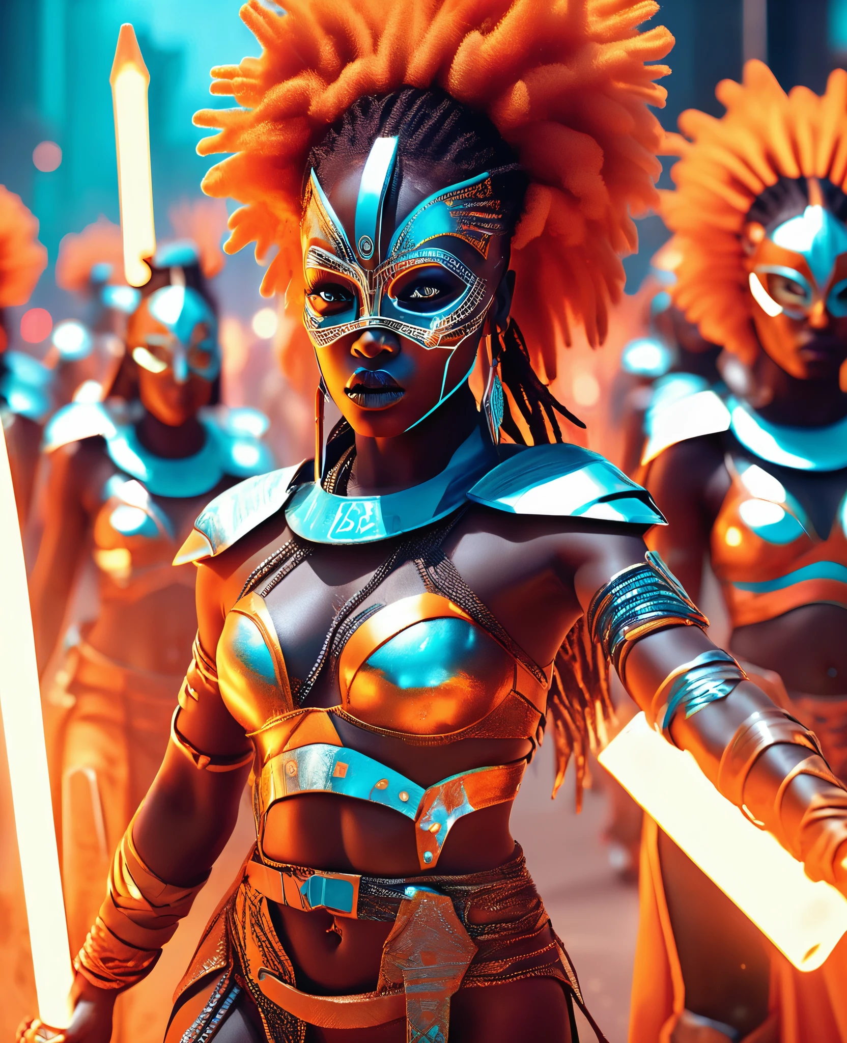 an army of African female warriors wearing masks and african designed costumes, holding futuristic glowing spears, fighting police in an orange tear gas smoke covered dystopian city, revolutionary art concept, light shining from the futuristic glowing spears providing an orange teal cinematic colour grading, 32k, ultra HD