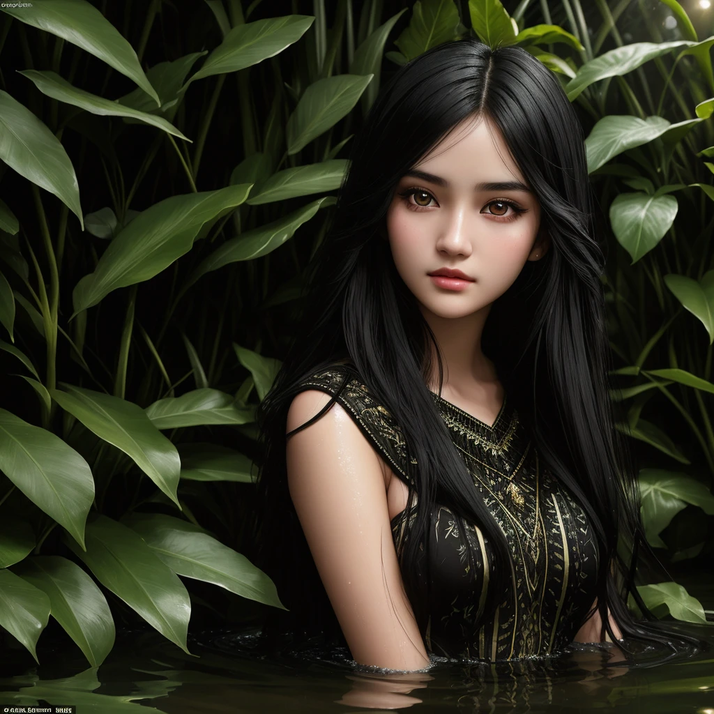 Masterpiece, age girl, long black hair, gorgeous face, black eyes, very detailed eyes, emphasising face and eyes, bathing in the river, rainforest background, 30k, exquisite clothing details, high detail, perfect lighting, cinema lighting, light.
