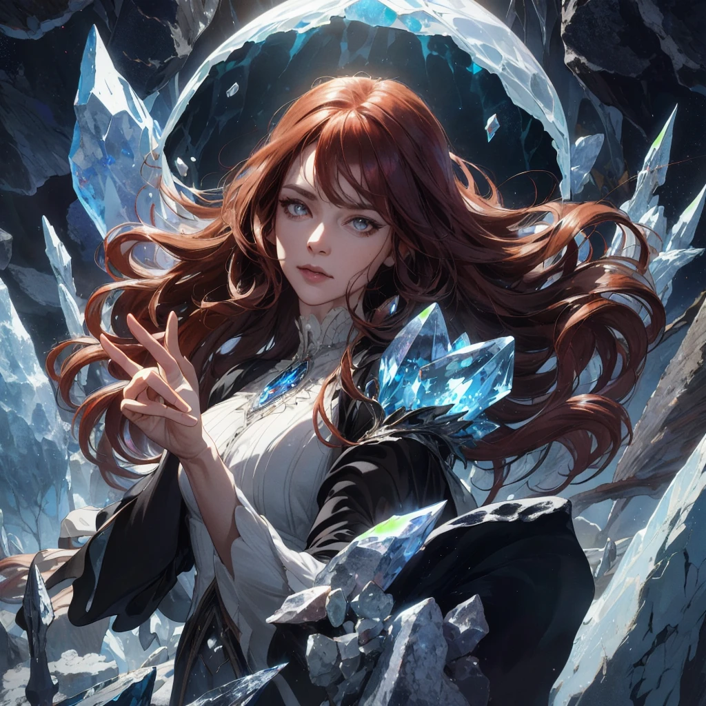 (absurdres, highres, ultra detailed), 1woman, mature female, aged up, wavy long hair, auburn hair, coral eyes, bangs, long sleeves, finely detailed eyes and detailed face, extremely detailed CG unity 8k wallpaper, intricate details, (style-swirlmagic:1.0), looking at viewer, solo, upper body, detailed background, close up, detailed face, (gothic dark ages theme:1.1), crystal sorcerer, dynamic pose, earth themed clothes, crystal crown, floating in the air, glowing magical shards, surrounded by blue magical crystals, rock formations, stalactites, magical floating particles, crystal glass, crystal sphere, crystal canyon background, (shallow water:0.7), epic ethereal atmosphere, updraft,, portrait
