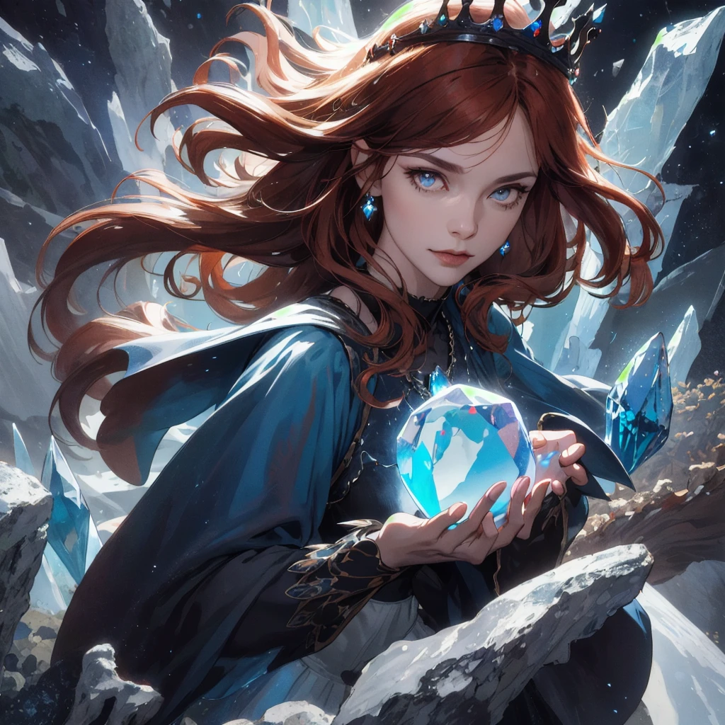(absurdres, highres, ultra detailed), 1woman, mature female, aged up, wavy long hair, auburn hair, coral eyes, bangs, long sleeves, finely detailed eyes and detailed face, extremely detailed CG unity 8k wallpaper, intricate details, (style-swirlmagic:1.0), looking at viewer, solo, upper body, detailed background, close up, detailed face, (gothic dark ages theme:1.1), crystal sorcerer, dynamic pose, earth themed clothes, crystal crown, floating in the air, glowing magical shards, surrounded by blue magical crystals, rock formations, stalactites, magical floating particles, crystal glass, crystal sphere, crystal canyon background, (shallow water:0.7), epic ethereal atmosphere, updraft,, portrait
