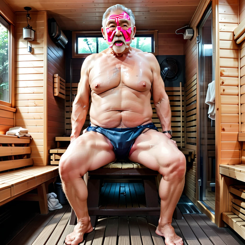 Help me replace it with an old Japanese giant with bulging muscles all over his body。In the sauna。Meat becomes very large。The flesh of the whole body is getting bigger,Hairy chested old man, old bodybuilder, 100-year-old old Japanese old man in sauna room, as big as a giant。Strong old man working out。The body is as big and bloated as a giant。Body muscle expansion。No pants。