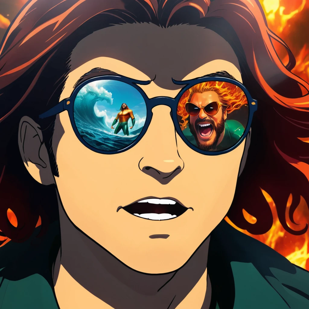 Aquaman, sunglasses reflection of duality ocean and inferno, wordless, visually hilarious, cohesive, intense meme that conveys overwhelming joy
