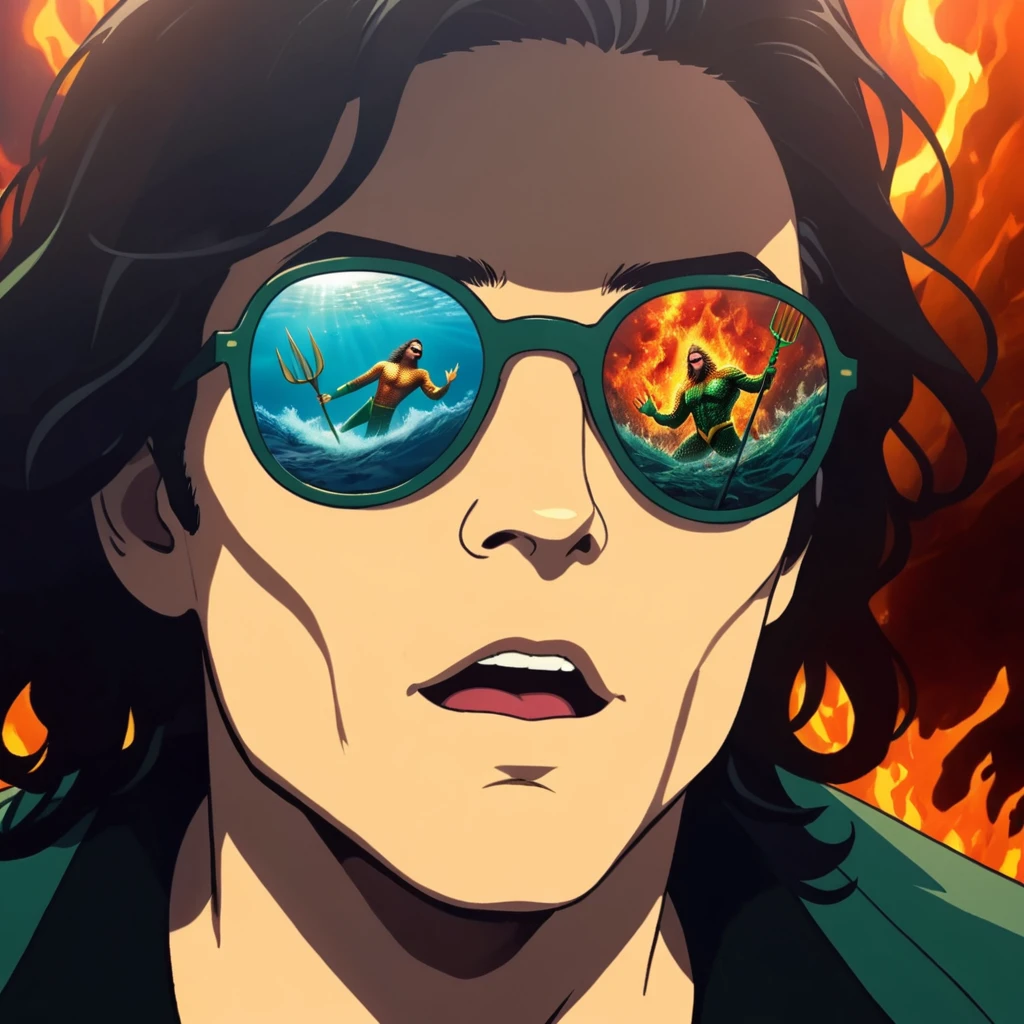 Aquaman, sunglasses reflection of duality ocean and inferno, wordless, visually hilarious, cohesive, intense meme that conveys overwhelming joy