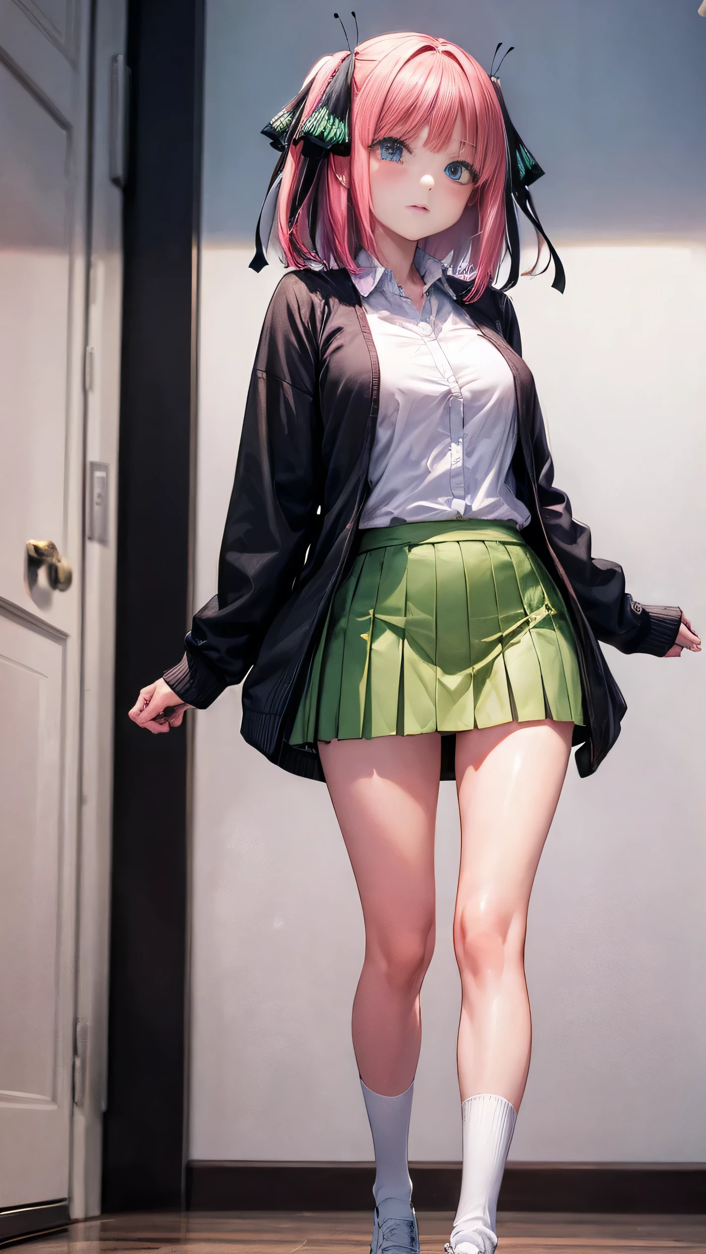 highest quality、one girl、15 years old、full body figure,big 、big tits perfect five fingered hands、Nino Nakano,shy face、perfect thing、big breasts、perfect arms、perfect legs、detailed description、small details、detailed face、white skin、plump legs、In town、In town、back view、look back、turn around、Pose that emphasizes the buttocks、black lace panties、I can see your panties、Skirt flip、lift skirt、nino nakano, short hair, bangs, blue eyes, hair ornament, hair ribbon, pink hair, blunt bangs, two side up, butterfly hair ornament,skirt, shirt, long sleeves, white shirt, pleated skirt, open clothes, collared shirt, sleeves past wrists, dress shirt, cardigan, green skirt, open cardigan, black cardigan,white thighs socks、erotic pose