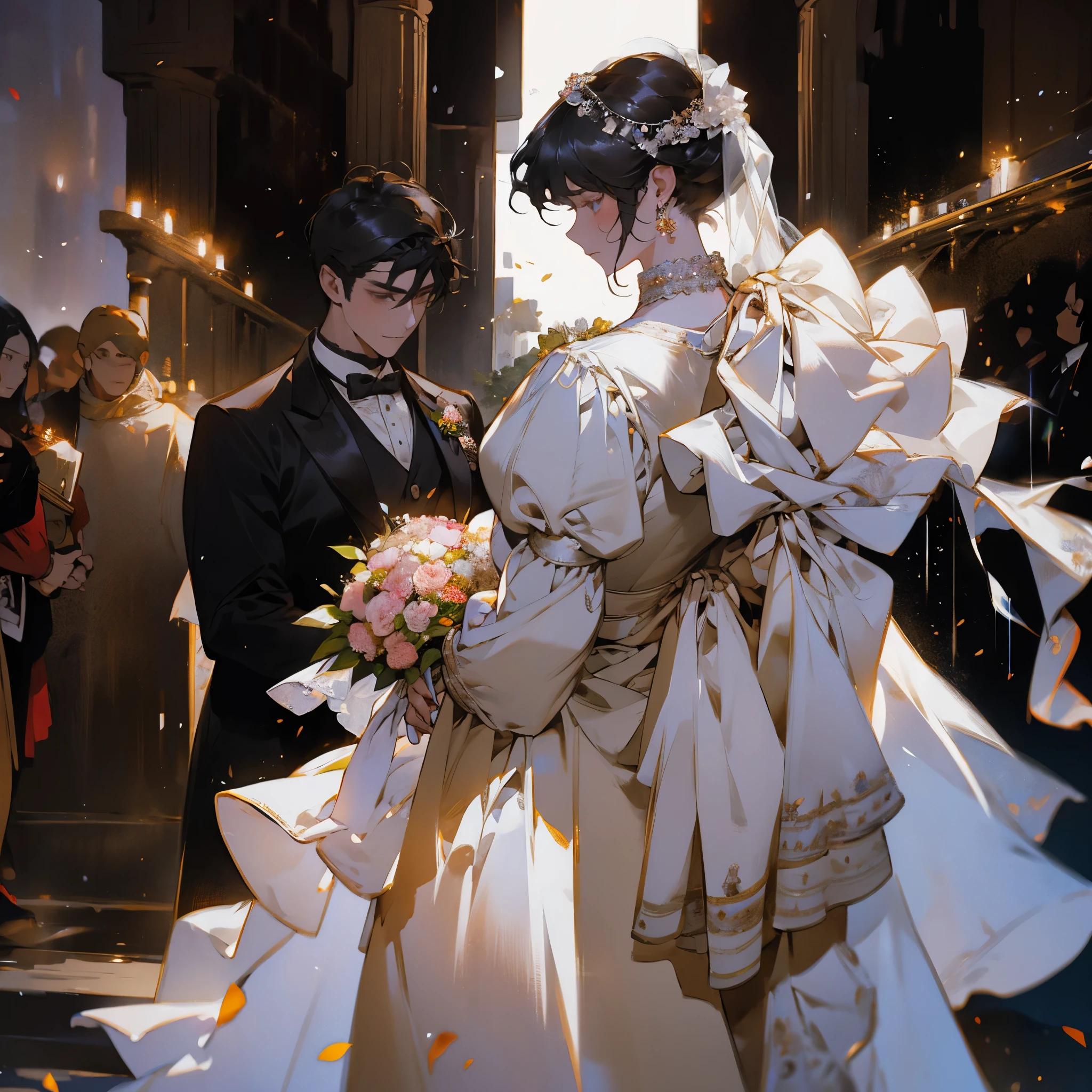 Wedding scene，The bride in a white wedding dress is walking towards me with a bouquet of flowers，Groom with his back to the camera，Black Hair，Cold expression