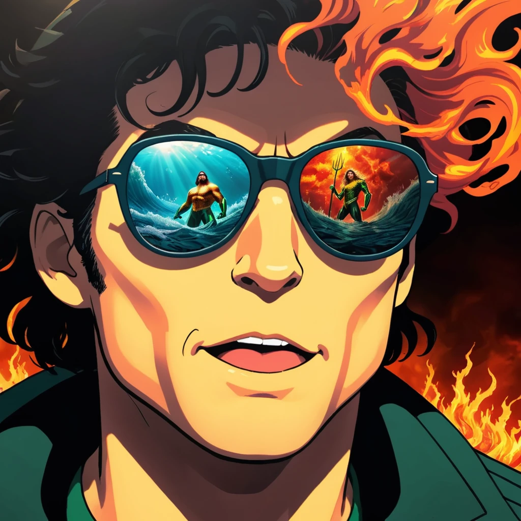 Aquaman, sunglasses reflection of duality ocean and inferno, wordless, visually hilarious, cohesive, intense meme that conveys overwhelming joy
