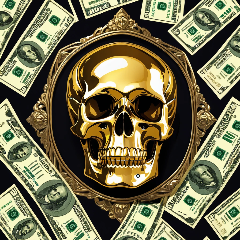A shiny crystal skull sitting upright turned slightly to the side surrounded by floating dollar bills on a black background. The artwork features detailed textures on the skull and bills, capturing a dark and eerie vibe.