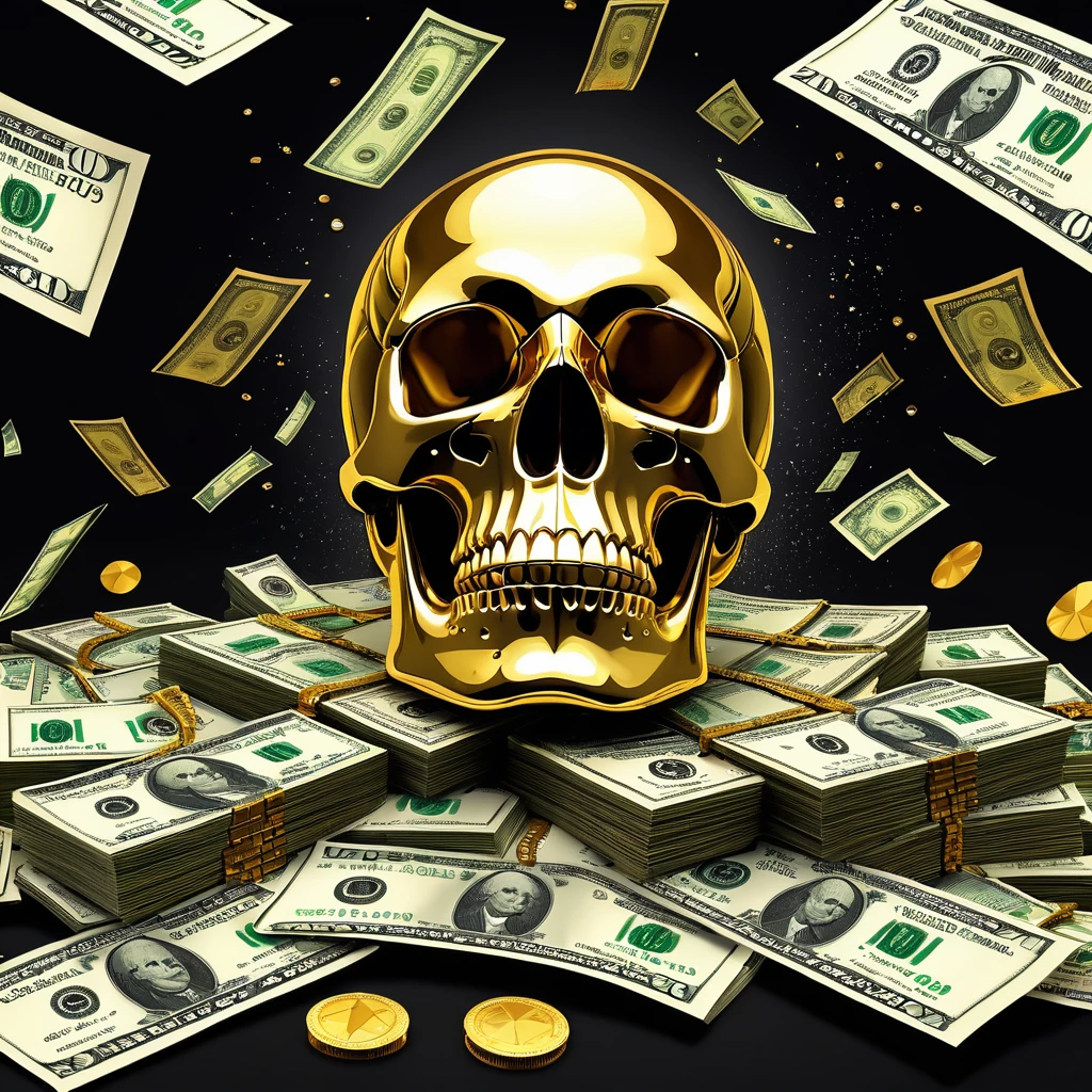 A shiny gold skull with silver accents and diamond studs sitting upright turned slightly to the side surrounded by floating dollar bills on a black background. The artwork features detailed textures on the skull and bills, capturing a dark and eerie vibe.