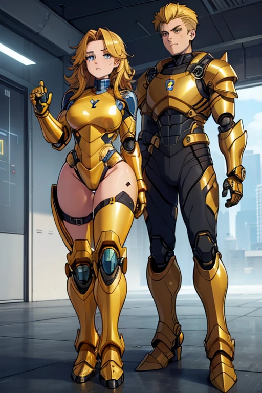 female, golden yellow body, brown mane, blue eyes, robotic, robot, (((1boy))), (((golden yellow metal armor))), (black clawed cybernetic gauntlets), (black cybernetic boots)