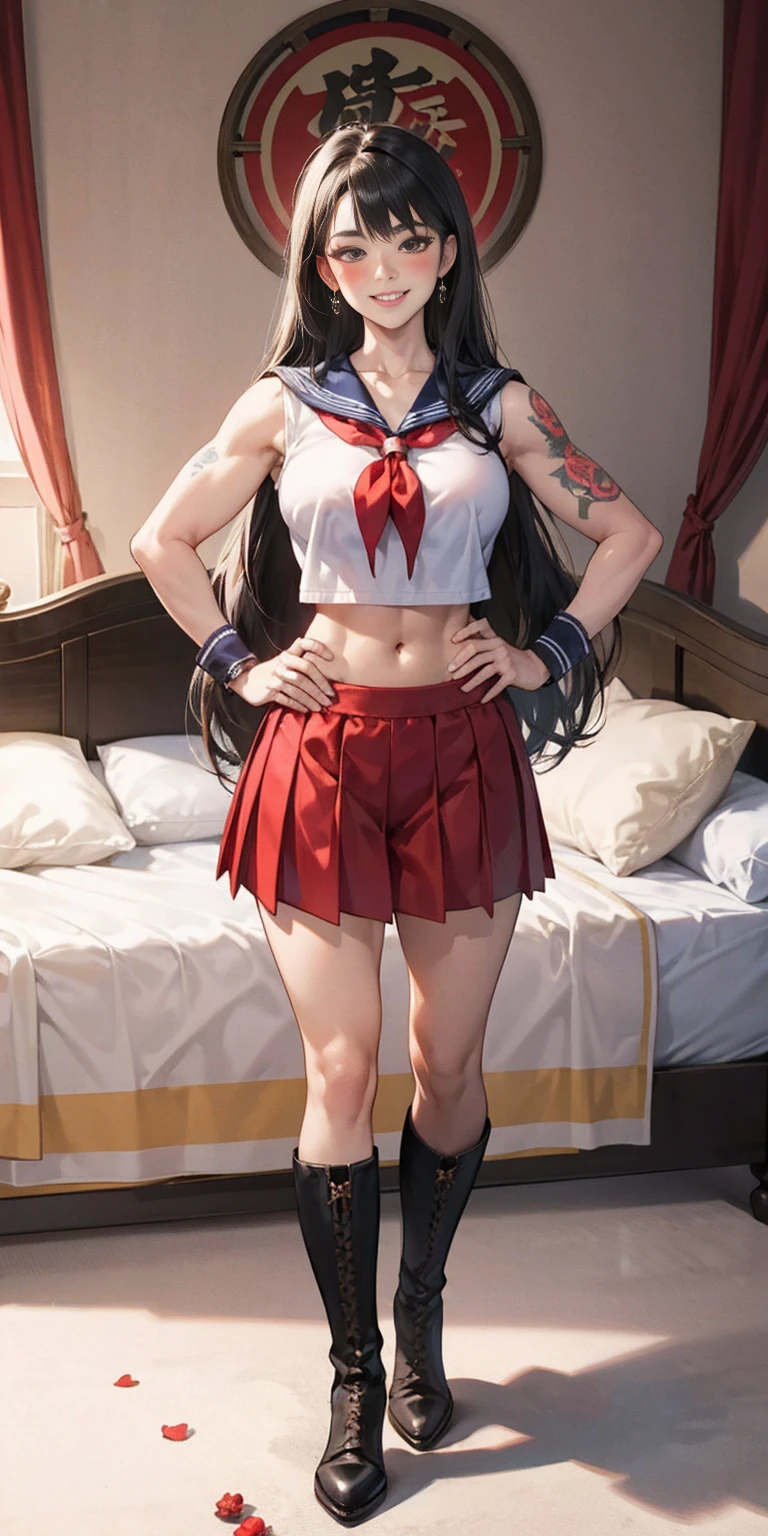 woman bodybuilder with very large calves very beautiful resemblance sailor uniform, full body standing symmetrical lustful smirking smile face (red blush), martial art, bouquet of flowers holding, full body toe to head, feet together, high boots, big breast, paladin warrior knight, hands on hips. red tattoo on belly, bedroom background, royal bedroom