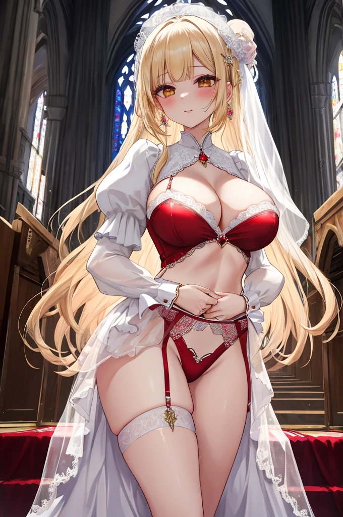 masterpiece,8K,A woman with big tits,Gorgeous woman,Closing Ceremony,bride,Long blond hair,big hair,((hime cut)),Gorgeous jewelry,Crystal Hair Accessories,Cleavage,In front of the altar of the majestic church、Brighter light,(Elegant gloss),((Puffy sleeves))、Long cuffs,Show your belly button,Lace erotic lingerie,red cheeks,ahegao,