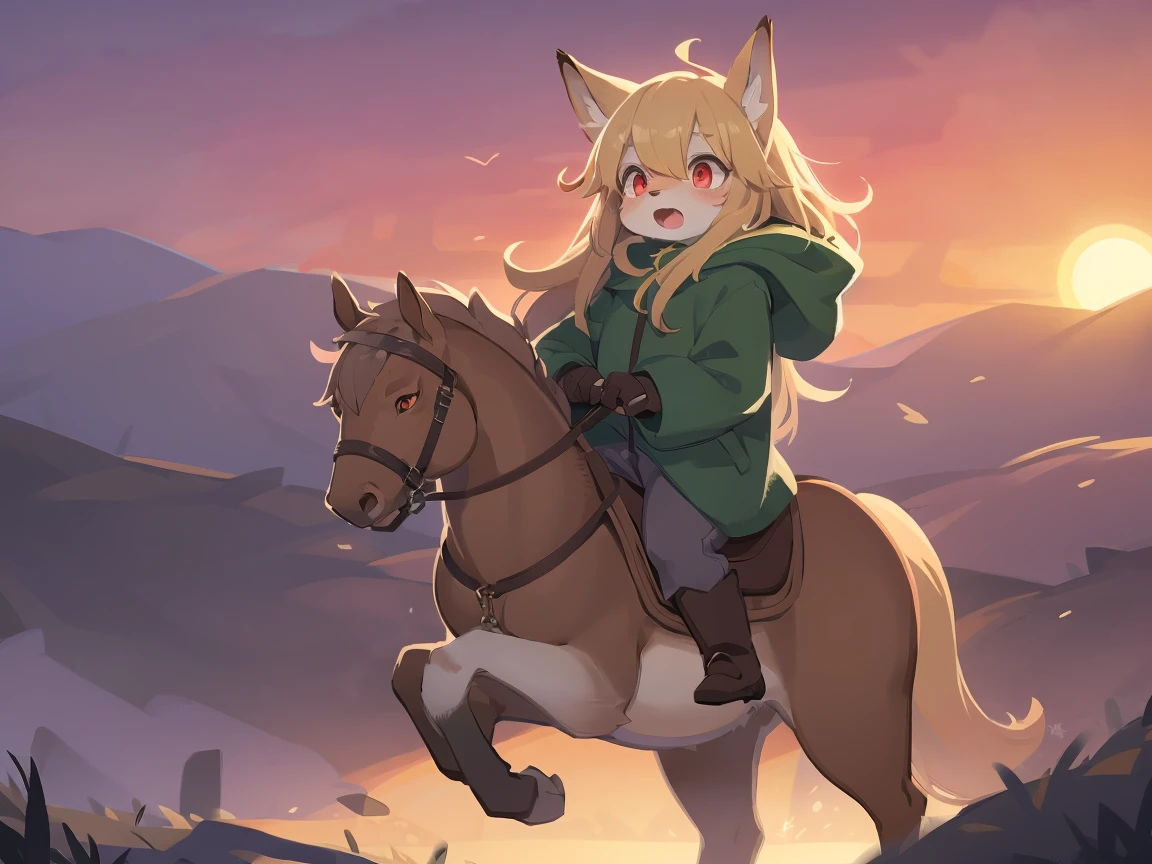 the fox, , was hairy, shaggy, skin fur, smooth lashes, golden fur, forelimb hands, straight long blonde hair, solid circle eyes, golden ears, golden fur, golden facial fur, shiny hair, red eyes, super cute face, 1fox tail, fluffy tail, furry tail, glowing eyes, green coat green hood down, brown trousers, riding unsaddled horse, open mouth, embarrassed, ambient light, ultra-fine fur, dashed eyes, full body, masterpiece, high quality, high-details, best quality, wide short, (((solo))), twilight, sun light, red sky, rim light
