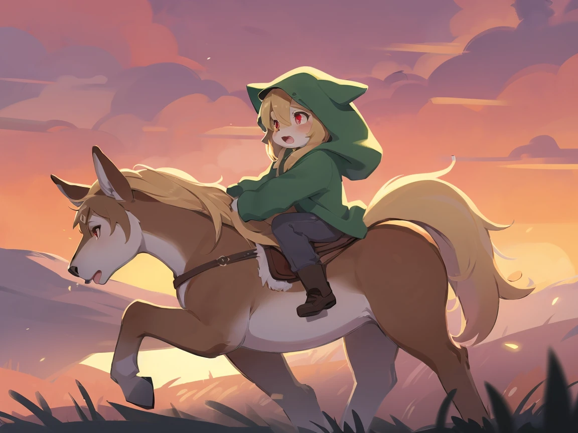 the fox, , was hairy, shaggy, skin fur, smooth lashes, golden fur, forelimb hands, straight long blonde hair, solid circle eyes, golden ears, golden fur, golden facial fur, shiny hair, red eyes, super cute face, 1fox tail, fluffy tail, furry tail, glowing eyes, green coat green hood down, brown trousers, riding unsaddled horse, open mouth, embarrassed, ambient light, ultra-fine fur, dashed eyes, full body, masterpiece, high quality, high-details, best quality, wide short, (((solo))), twilight, sun light, red sky, rim light