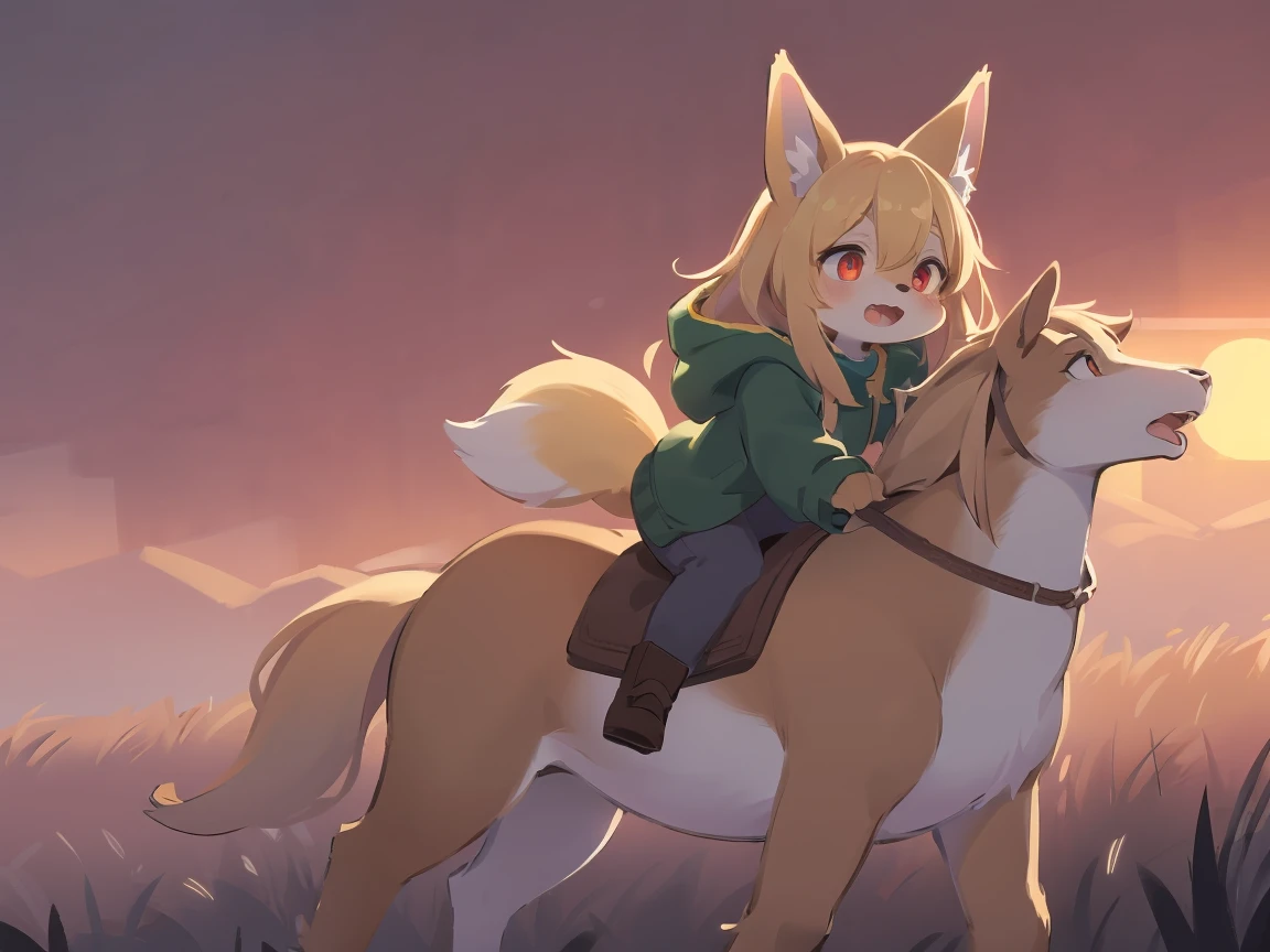 the fox, , was hairy, shaggy, skin fur, smooth lashes, golden fur, forelimb hands, straight long blonde hair, solid circle eyes, golden ears, golden fur, golden facial fur, shiny hair, red eyes, super cute face, 1fox tail, fluffy tail, furry tail, glowing eyes, green coat green hood down, brown trousers, riding unsaddled horse, open mouth, embarrassed, ambient light, ultra-fine fur, dashed eyes, full body, masterpiece, high quality, high-details, best quality, wide short, (((solo))), twilight, sun light, red sky, rim light