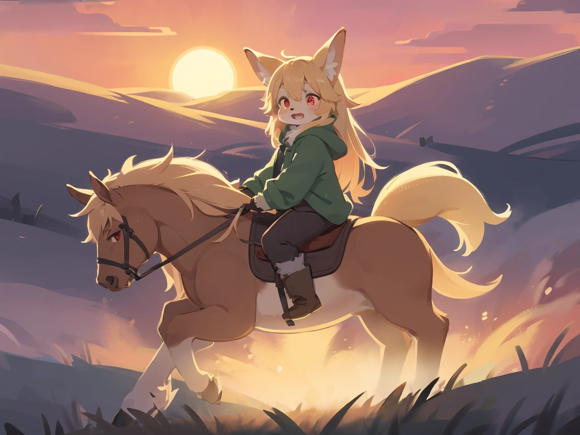  the fox, , was hairy, shaggy, skin fur, smooth lashes, golden fur, forelimb hands, straight long blonde hair, solid circle eyes, golden ears, golden fur, golden facial fur, shiny hair, red eyes, super cute face, 1fox tail, fluffy tail, furry tail, glowing eyes, green coat green hood down, brown trousers, riding unsaddled horse, open mouth, embarrassed, ambient light, ultra-fine fur, dashed eyes, full body, masterpiece, high quality, high-details, best quality, wide short, (((solo))), twilight, sun light, red sky, rim light