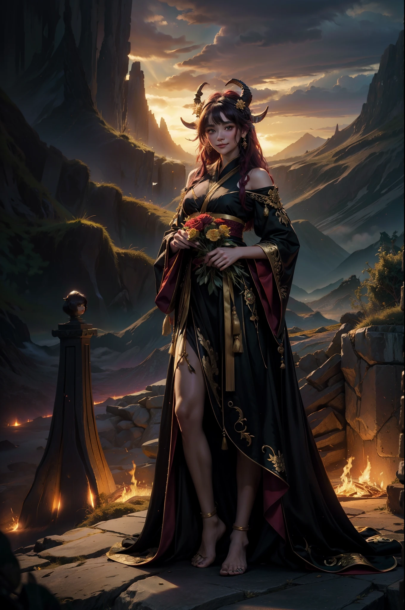 ((4k, Masterpiece, Best Quality)), heart, Hanfu violeta, black and gold, Maxiskit, dress conservatively ****ung woman, Alone, cabello largo violeta dark, green eyes, red flower hair ornament, goat horns on his head, SMILE, standing, barefoot. volcanoes background, enough, dark.