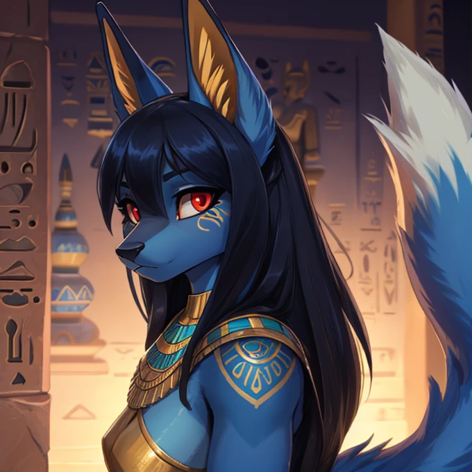  girl, the debt, furry, dark blue skin with aqua blue, hairy,Anubis, egyptian goddess, arabic clothing(developer)high tail hairstyle, Fox tail,long hair normal bust, blue tattoos, Red eyes, realistic pupils, High Definition, long blue tail, blue fur