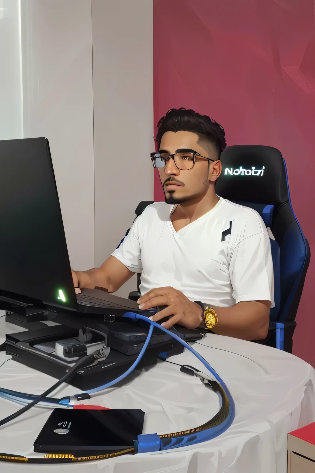 There is a man sitting at a table with a laptop, reddit post, mohamed chahín, contraction serpentine / ludwig player, In front of a computer, sitting in front of the computer, sitting at a computer, ismael, Digital artist, Khyzyl Saleem, IT specialist, Using your desktop PC, necro borja