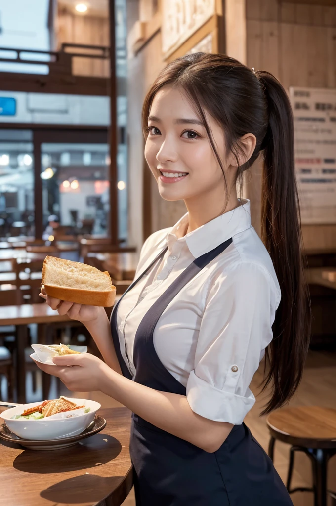 a smiling asian waitress serving a drink, 2 girls, beautiful detailed eyes, beautiful detailed lips, extremely detailed eyes and face, long eyelashes, brown hair, ponytail, waitress making a sandwich on the wall behind, restaurant, shirt, plate, cup, food, realistic, (best quality,4k,8k,highres,masterpiece:1.2),ultra-detailed,(realistic,photorealistic,photo-realistic:1.37),HDR,UHD,studio lighting,ultra-fine painting,sharp focus,physically-based rendering,extreme detail description,professional,vivid colors,bokeh,portraits,photography