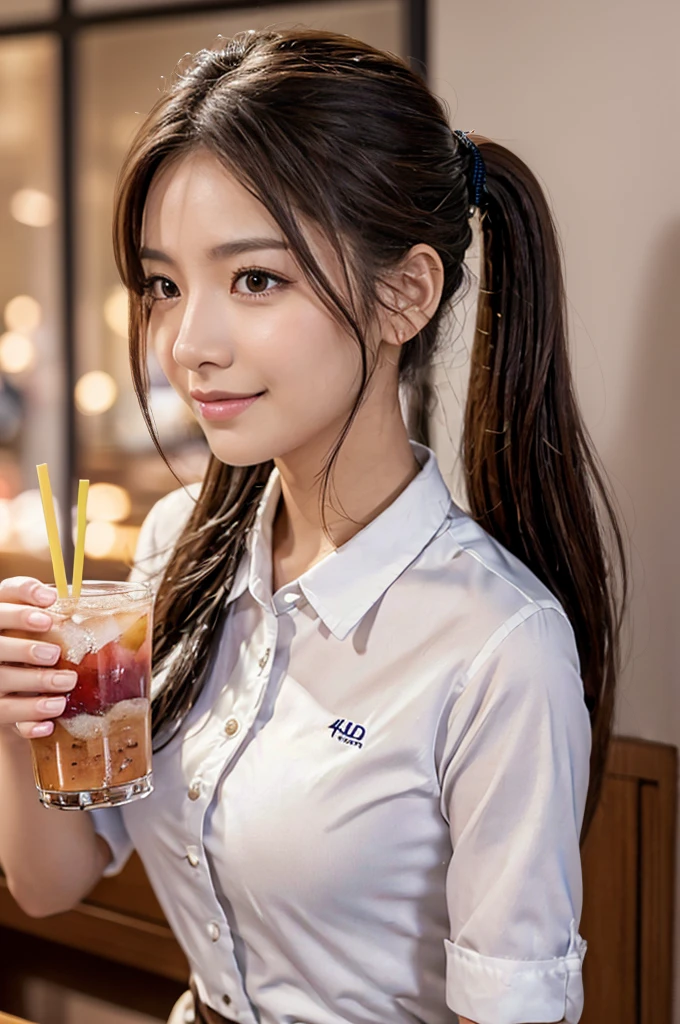 a smiling asian waitress serving a drink, 2 girls, beautiful detailed eyes, beautiful detailed lips, extremely detailed eyes and face, long eyelashes, brown hair, ponytail, waitress making a sandwich on the wall behind, restaurant, shirt, plate, cup, food, realistic, (best quality,4k,8k,highres,masterpiece:1.2),ultra-detailed,(realistic,photorealistic,photo-realistic:1.37),HDR,UHD,studio lighting,ultra-fine painting,sharp focus,physically-based rendering,extreme detail description,professional,vivid colors,bokeh,portraits,photography