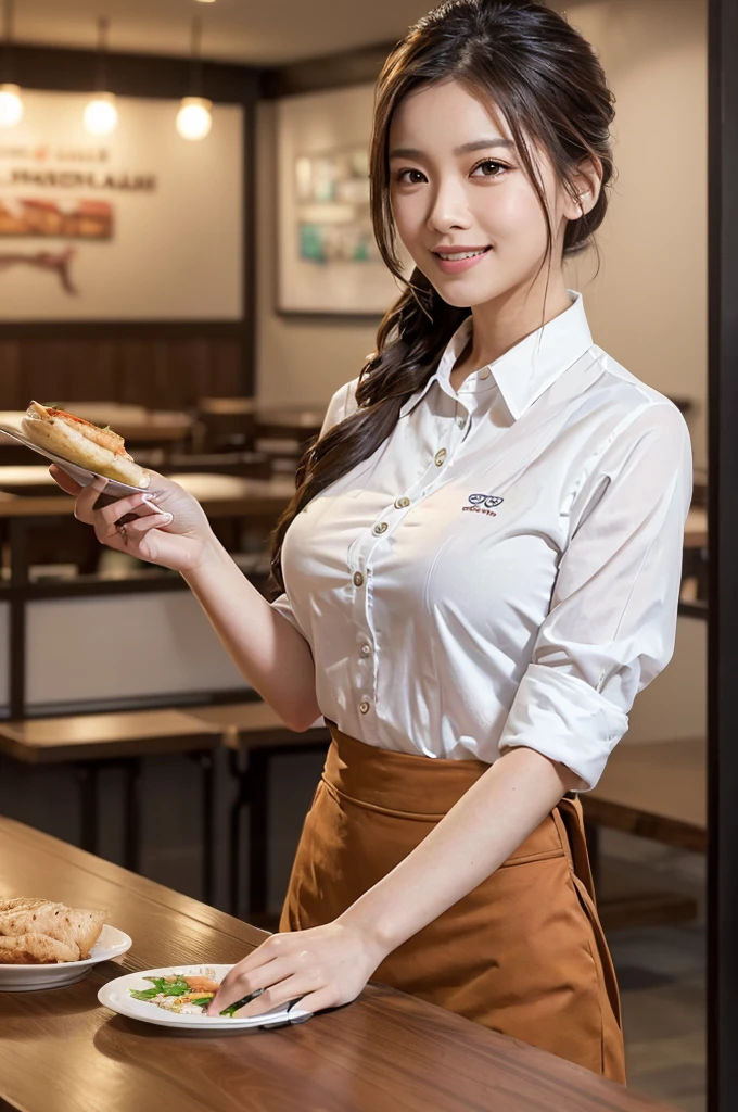 a smiling asian waitress serving a drink, 2 girls, beautiful detailed eyes, beautiful detailed lips, extremely detailed eyes and face, long eyelashes, brown hair, ponytail, waitress making a sandwich on the wall behind, restaurant, shirt, plate, cup, food, realistic, (best quality,4k,8k,highres,masterpiece:1.2),ultra-detailed,(realistic,photorealistic,photo-realistic:1.37),HDR,UHD,studio lighting,ultra-fine painting,sharp focus,physically-based rendering,extreme detail description,professional,vivid colors,bokeh,portraits,photography