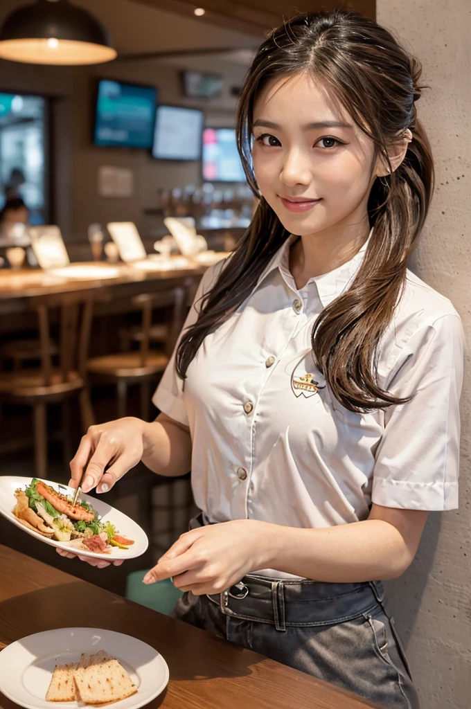 a smiling asian waitress serving a drink, 2 girls, beautiful detailed eyes, beautiful detailed lips, extremely detailed eyes and face, long eyelashes, brown hair, ponytail, waitress making a sandwich on the wall behind, restaurant, shirt, plate, cup, food, realistic, (best quality,4k,8k,highres,masterpiece:1.2),ultra-detailed,(realistic,photorealistic,photo-realistic:1.37),HDR,UHD,studio lighting,ultra-fine painting,sharp focus,physically-based rendering,extreme detail description,professional,vivid colors,bokeh,portraits,photography