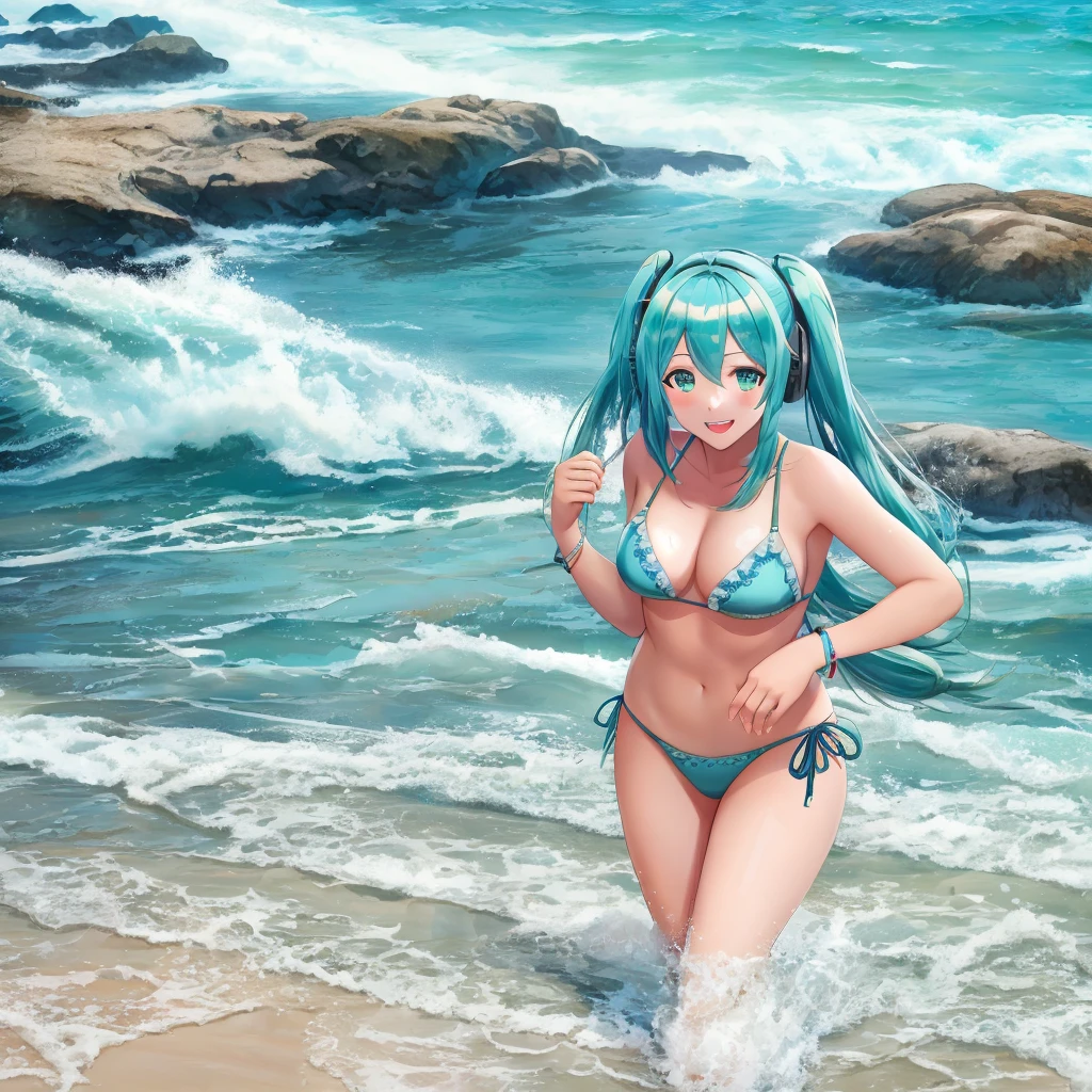 anime,1girl,hatsune miku, beach, bikini, smile,