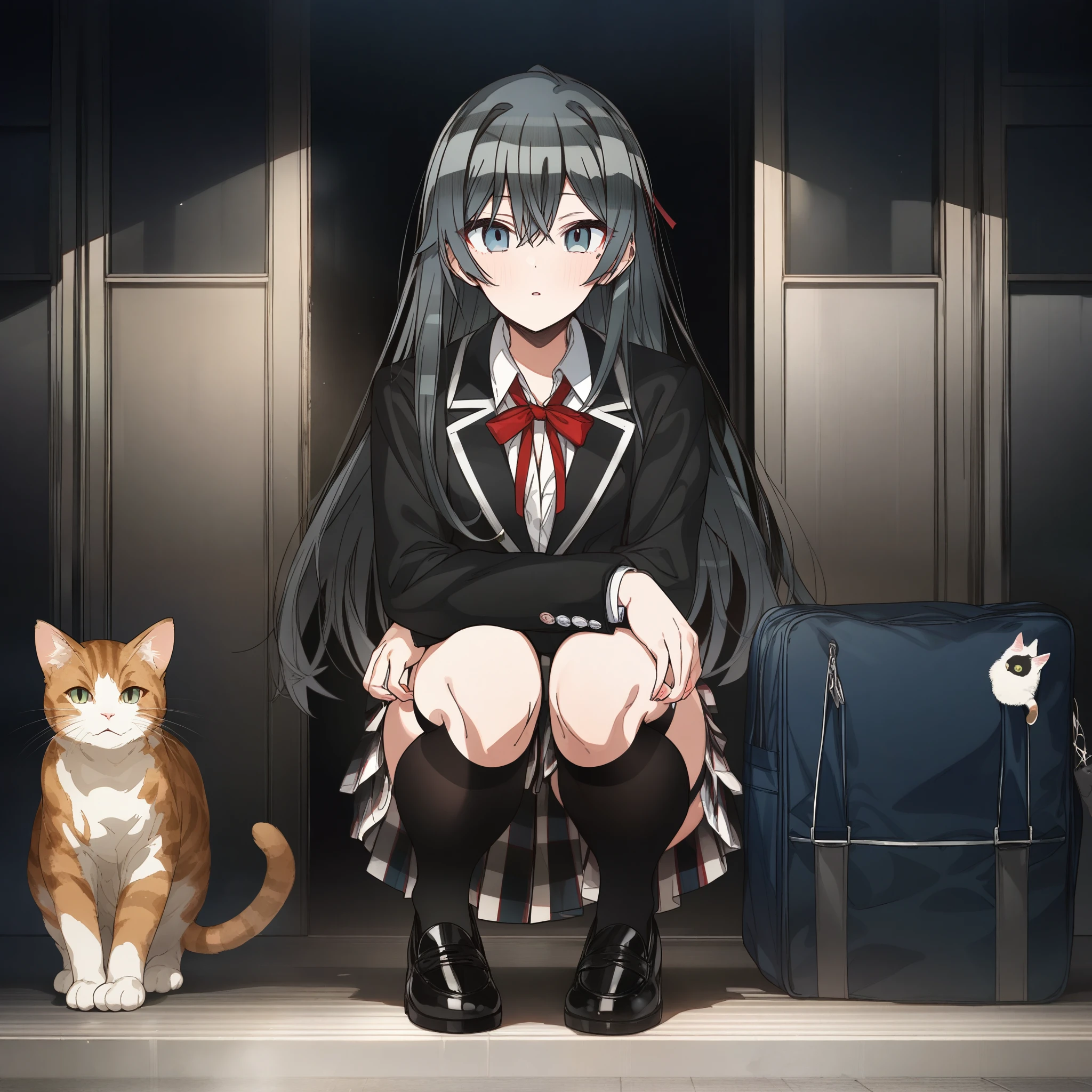 1girl, erere, absurdres, official art, absurdres, yahari ore no seishun lovecome wa machigatteiru., yukinoshita yukino, 1girl, bag, black eyes, black hair, black jacket, black thighhighs, blazer, cat, copyright name, jacket, loafers, long hair, looking at viewer, parted lips, plaid clothes, plaid skirt, pleated skirt, school bag, , shoes, shoulder bag, skirt, sobu high , solo, squatting, thighhighs, ((very aesthetic, best quality, ultra detailed)), rating:safe, straight-on