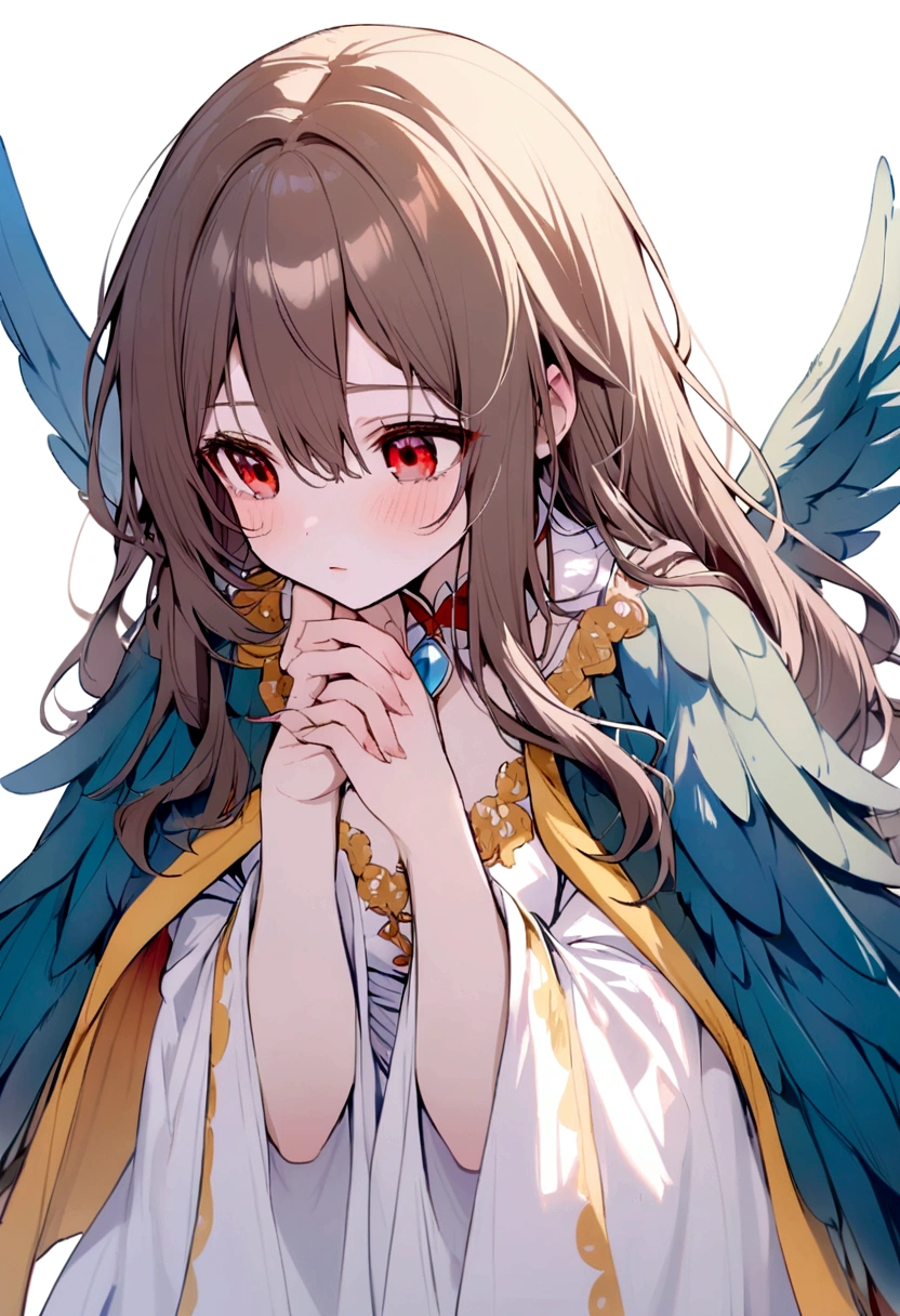 bird girl, white shoulder length hair, red eyes, orange feathered collar, white dress, blue wings instead of arms, small brown wings with yellow edges on shoulders