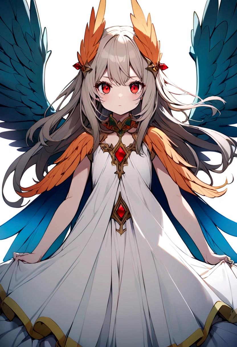 bird girl, white shoulder length hair, red eyes, orange feathered collar, white dress, blue wings instead of arms, small brown wings with yellow edges on shoulders