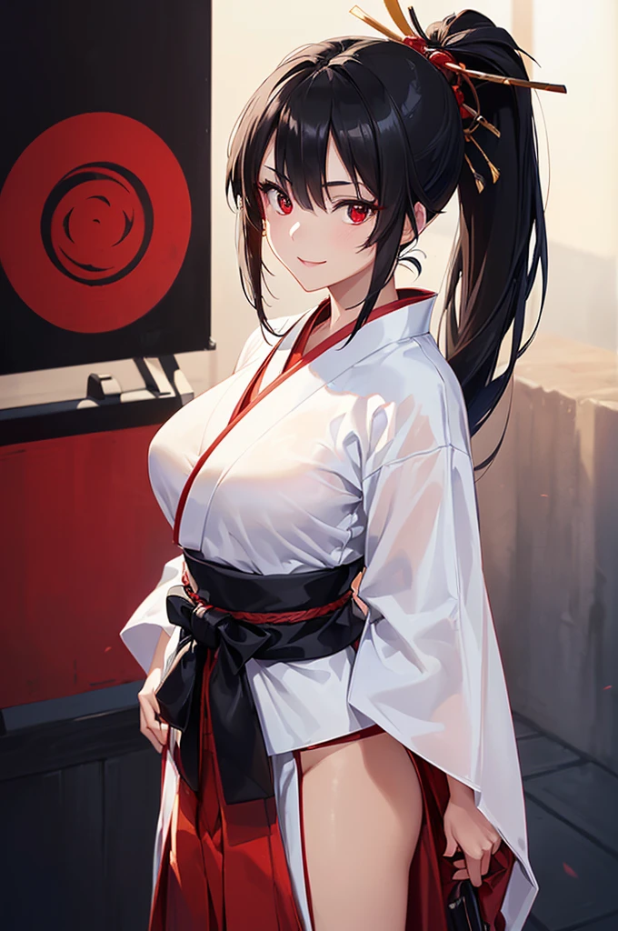 (masterpiece; best quality: 1.2), (finely detailed eyes: 1.3), ((25 year old woman)), ((solo)), (red eyes: 1.4), (body; lithe, toned, femenine: 1.3), (black hair in ponytail: 1.3), (beautiful and clear background: 1.2), ((depth of field)), (clothes: samurai attire + white kimono top + black hakama + red sash: 1.3), (anime illustration: 1.2), (background; japan old mansion + night: 1.1), (extremely fine and beautiful: 1.1), (shot composition; standing + centered on torso + close-up: 1.5), (expression; calm, smile: 1.2)