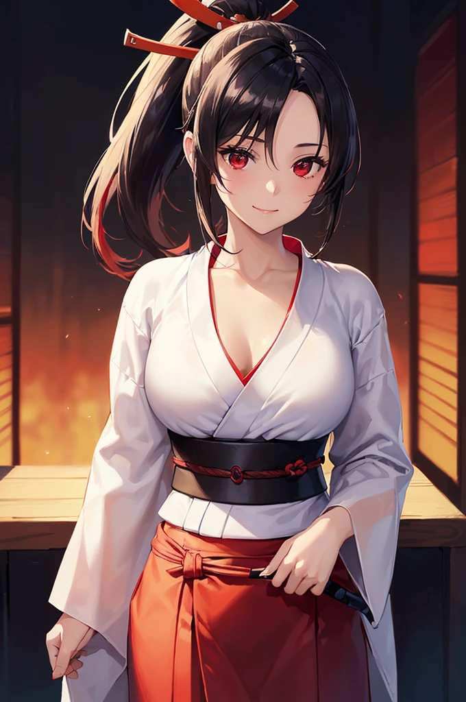 Absurd:1.8, Gravure photoshoot、((bikini))、Leaning forward、Realistic, unity 8k wallpaper, masterpiece, Detailed Hair, Very detailed, Realistic glistening skin、(Black-haired、Long hair short hair、White hair band、Red eyes、Off the shoulder、Red sweater、Long sleeve)、(A light smile:1.3)、Cowboy Shot