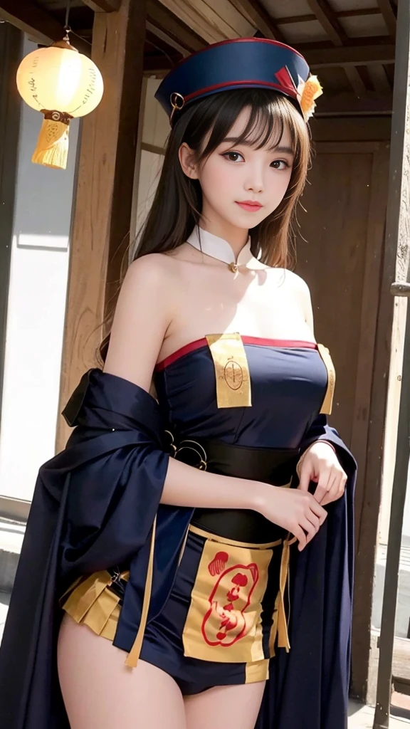 (Highest quality, 8K, masterpiece:1.2), Reality:1.4, One girl,alone, Black Hair, Underbust, Have, Light_smile, Ofuda, China dress, Arms crossed, whole body, Outdoor, Hanging lanterns, night, Higashi Setuna, ((Detailed eyes and face:1.2, Professional photography techniques)), ((-faced beautiful girl, Cute face))