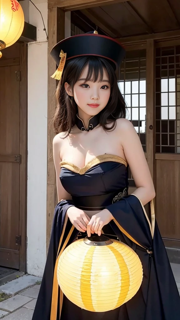 (Highest quality, 8K, masterpiece:1.2), Reality:1.4, One girl,alone, Black Hair, Underbust, Have, Light_smile, Ofuda, China dress, Arms crossed, whole body, Outdoor, Hanging lanterns, night, Higashi Setuna, ((Detailed eyes and face:1.2, Professional photography techniques)), ((Baby-faced beautiful girl, Cute face))