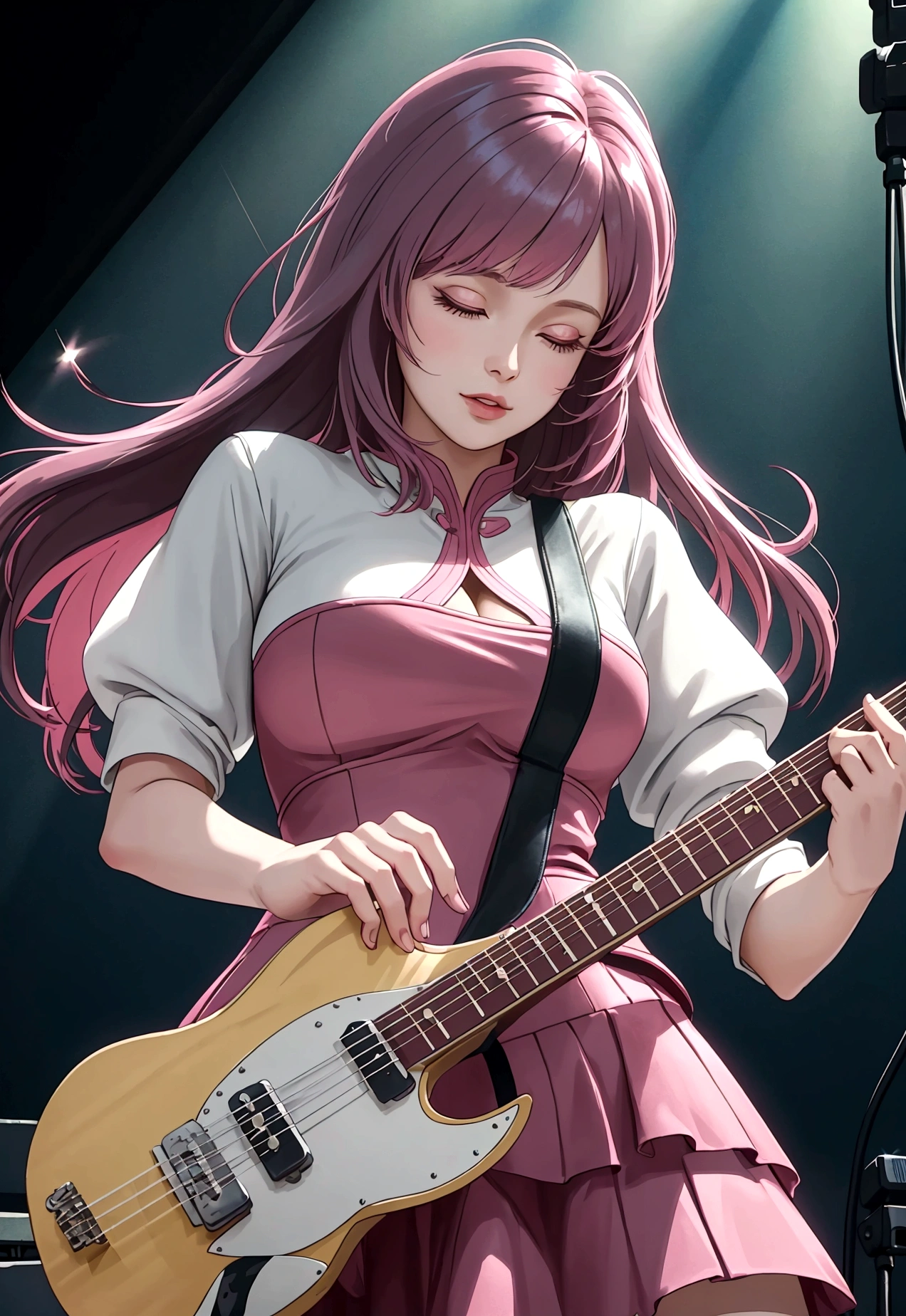1 lady only, (from below), Standing, (playing electric guitar:1.1), (dynamic pose), (rocker clothing) elegant suit, mature woman, /(dark pink hair/) bangs, (light smile:0.6 ), worthy, (Masterpiece Best Quality:1.2) ultra detailed delicate illustration, big breasts BREAK (live music stage) inside, sharp lighting, Highlight, detailed background