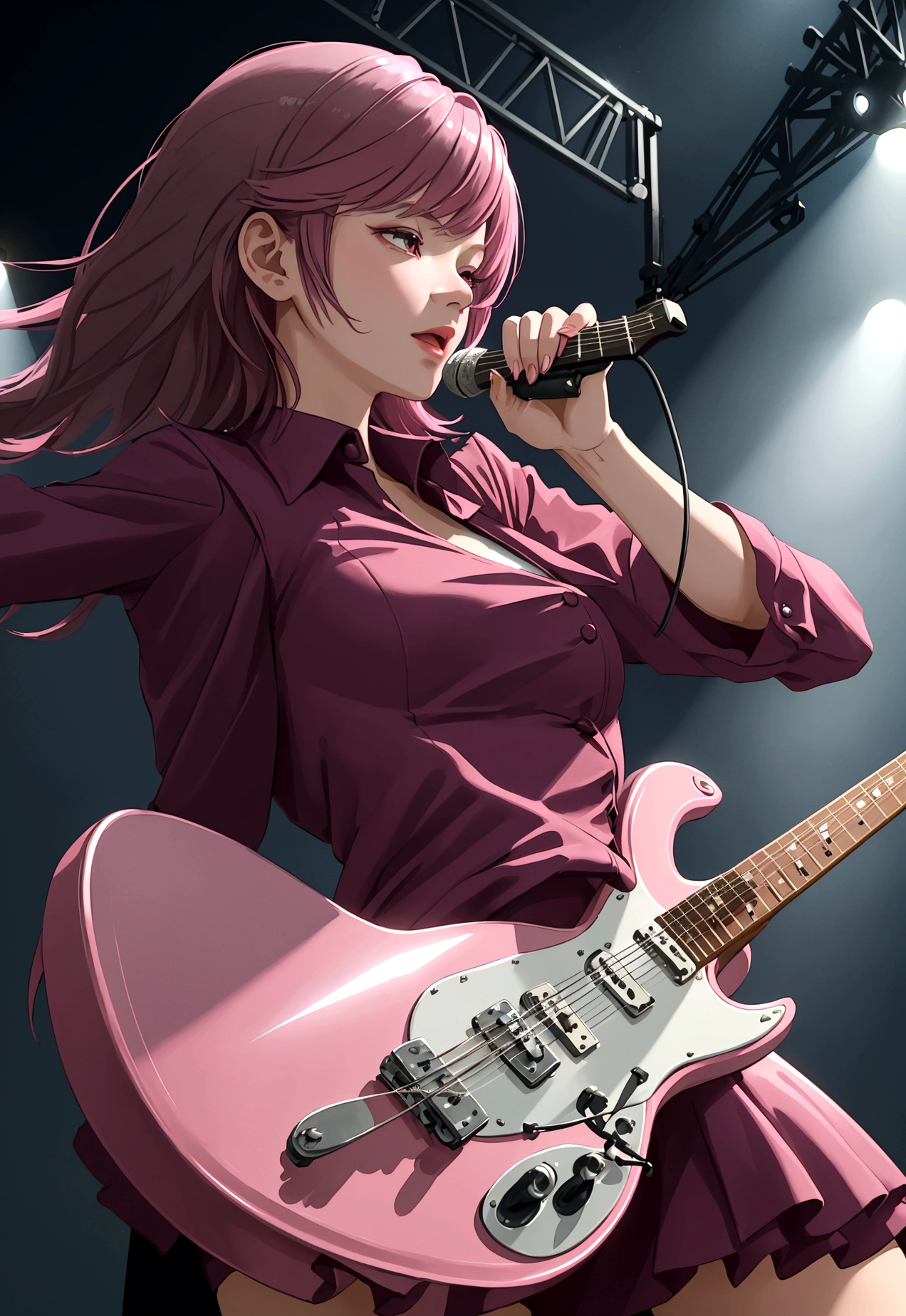 1 lady only, (from below), Standing, (playing electric guitar:1.1), (dynamic pose), (rocker clothing) elegant suit, mature woman, /(dark pink hair/) bangs, (light smile:0.6 ), worthy, (Masterpiece Best Quality:1.2) ultra detailed delicate illustration, big breasts BREAK (live music stage) inside, sharp lighting, Highlight, detailed background