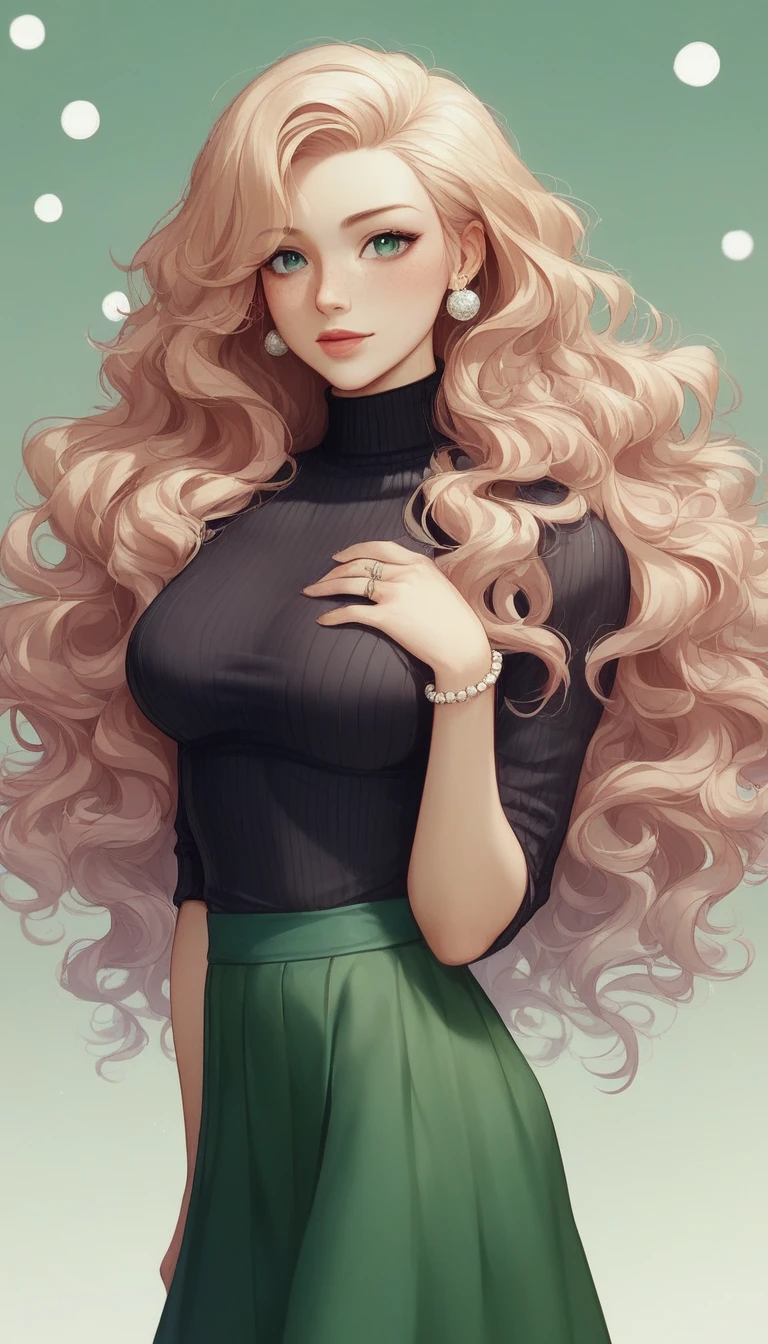 Ultra-realistic CG K ,((premium、8k、32k、Masterpiece、NFFSW:1.3)), (superfine illustration)、(super high resolution), (((adult body))), (Masterpiece, Best Quality:1.2),a beautiful girl,Skin details processing..,The eyes are finely described..,delicate hair,long wavy hair,long light hair,She has a big bow on her head.,black sweater,white dots,Skirt,green,clean background