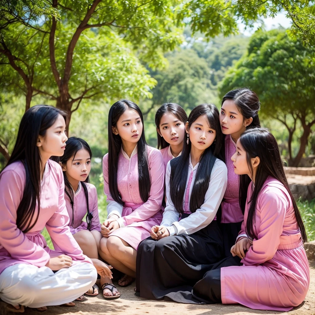 four girls in Myanmar traditional custom design are sitting under a shady big tree near a village. They have long black hair, wearing long sleeve Myanmar traditional pink color shirt and longyi, they are talking about something, black eyes, ancient village buildings on the background, birds, river, realistic quality, full body photo