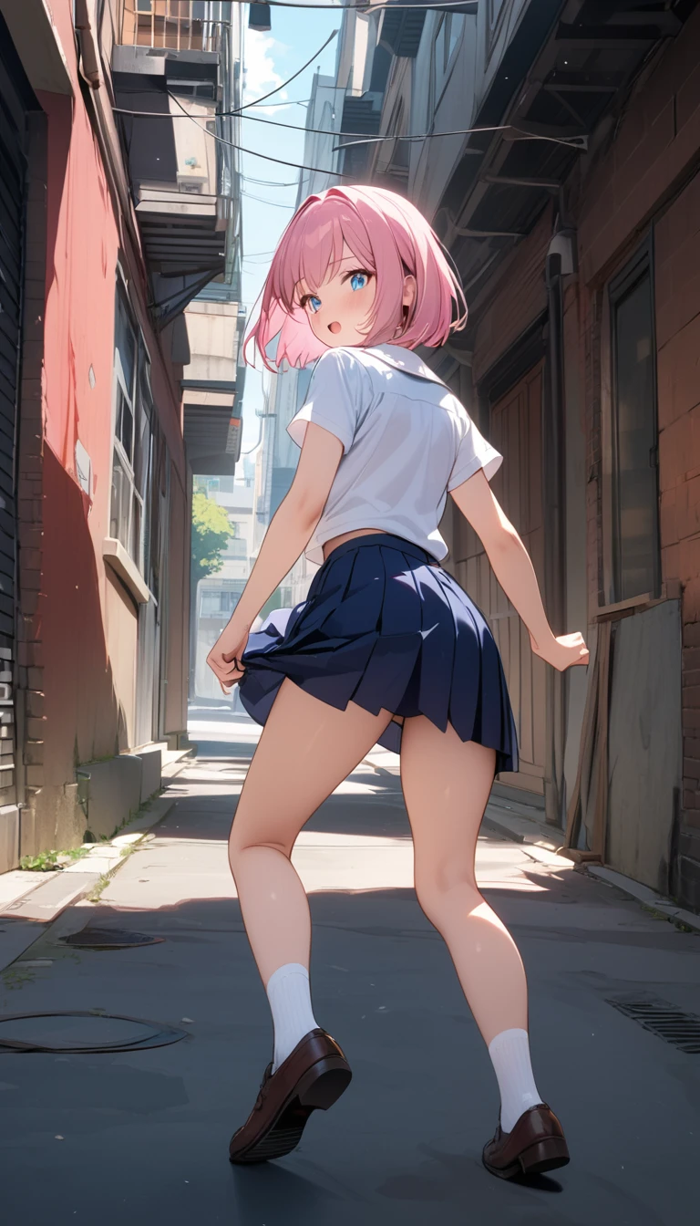 (Best Picture Quality, 8K, Masterpiece:1.3),(high school student:1.5), (pink medium hair), (bob cut), (slant skyblue eyes), ((school uniform, short simple sleeve shirt, darkblue skirt, pink tie)), (Splitting legs front and back),((jumping)),(super clear:1.5), (city ​​alley Setting),(running:1.3),((looking back:1.3)),(back shot:1.3),(upper body).