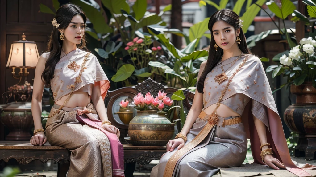 (raw photos:1.2), (realistic:1.4), (Masterpiece:1.3), (best quality:1.4), Ultra high resolution, (Detailed eyes), (Detailed facial features), (Detailed clothing features), HDR, 8k resolution, Focus only, Dressing according to Thai tradition, Traditional shawl , 1 woman , big breasts, A gigantic rift, big breastsดันเสื้อผ้า, big breast, The breasts will fully grow..., Make your breasts bigger.., small waist, Long legs, Facing the audience, full body, depth of field, Cinema-grade lighting system, big breasts, Too big for your body, Revealing a flat stomach, The lower half of the chest can be seen..., Sexy sitting posture, Pictures from eye-catching angles, Correct picture elements, The picture is complete., Modeling, Realistic scene, Reveal a little of the body