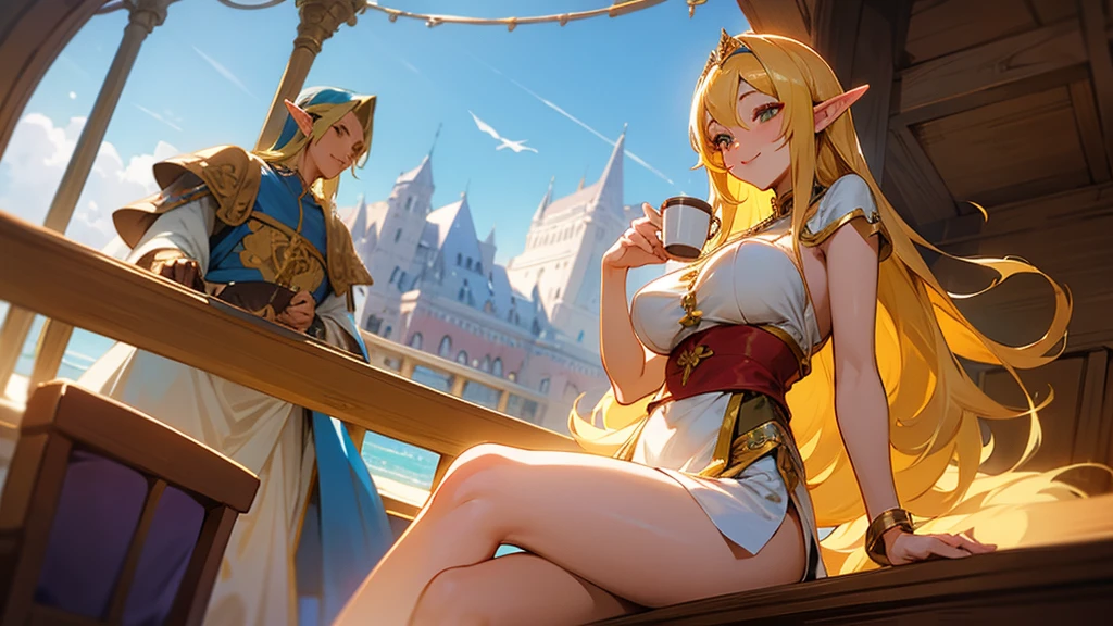Anime Style,Nostalgic,Detailed background,The medieval world,A bustling luxury cruise ship with many people,Smiling bard beautiful elf girl holding coffee,Large Breasts,Healthy thighs,Underarm