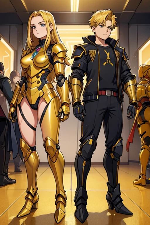 female, golden yellow body, brown mane, blue eyes, robotic, robot, (((1boy))), (((golden yellow metal armor))), (black clawed cybernetic gauntlets), (black cybernetic boots)