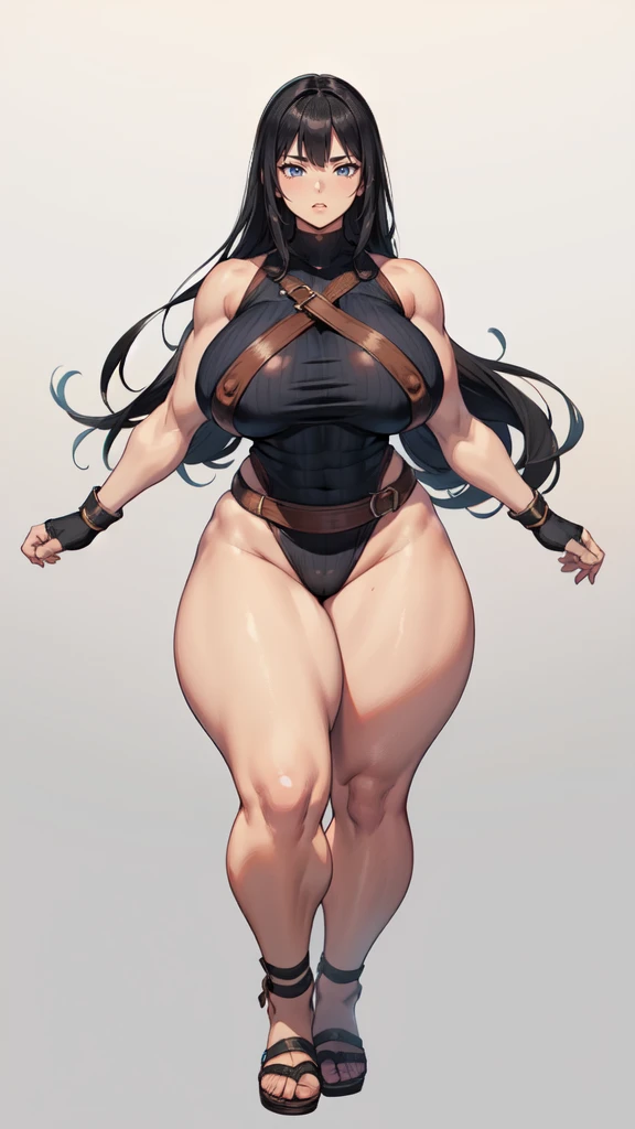 (masterpiece), best quality, female warrior, huge girl, female muscular:1.2, curvy, ((thick thighs:1.4)), (((blank background))), ((full body)), fingerless gloves, sandals, sleeveless, covered nipples, (underboobs:1.3), thin hair, crossed arms, straight hair, black hair