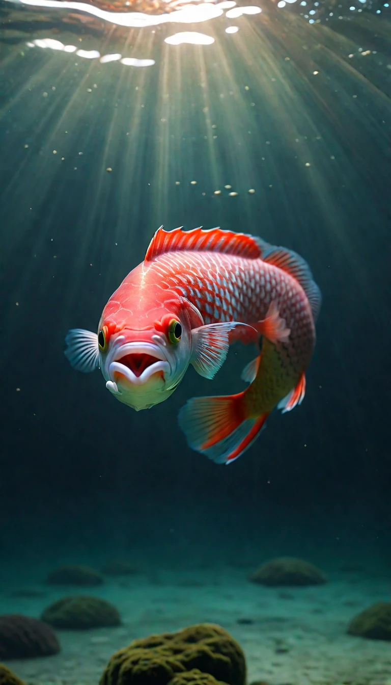 Panorama，河里有一种Mysterious Creatures：Red fish body，Fish head looks like a human face，Mysterious Creatures, shrike, (best quality，4K，8K，High level，masterpiece：1.2），Ultra Detailed，（lifelike，Photo real，Photo real：1.37），Highly detailed animals，Complex patterns，Realistic lighting，Fantasy Creatures