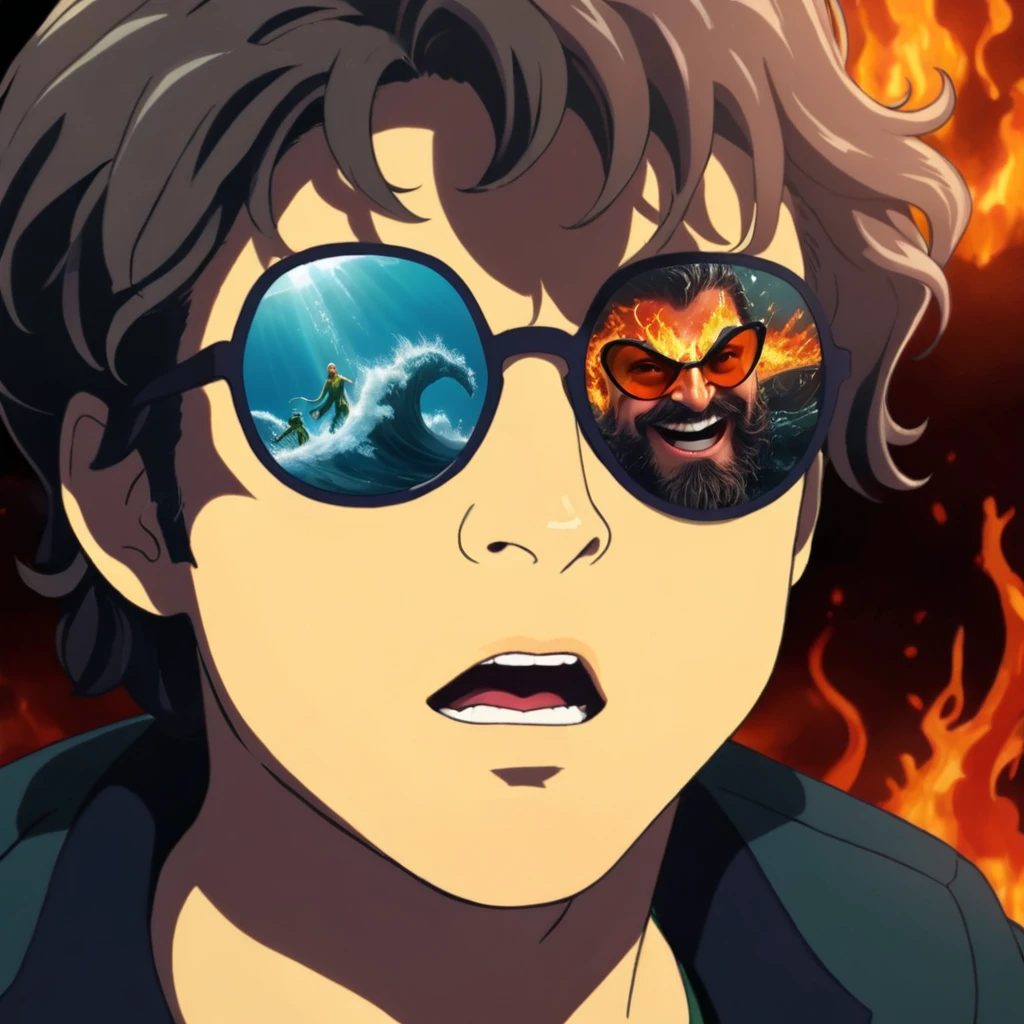 Aquaman, sunglasses reflection of duality ocean and inferno, wordless, visually hilarious, cohesive, intense meme that conveys overwhelming joy