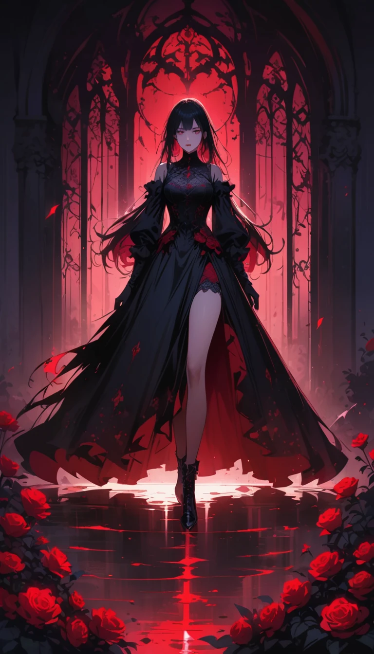 a gothic anime girl in a dark and mysterious night, blood rain, cloudy sky, moonlight, strange shadows, crawling creatures, gothic architectural elements, dramatic lighting, vivid red tones, ominous symbols, surreal elements, (best quality,8k,highres,masterpiece:1.2),ultra-detailed,(realistic,photorealistic,photo-realistic:1.37),gothic,dark fantasy,dramatic lighting,intricate details,horror,moody,dramatic,striking,cinematic,surreal