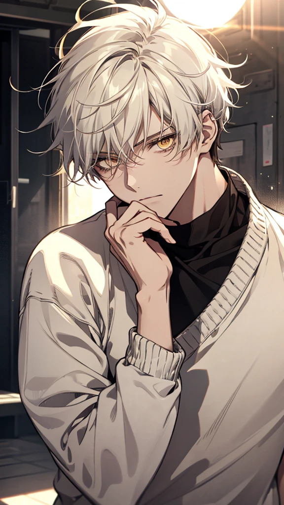 One, male, man, white soft sweater, yellow eyes, direct facial treatment, Short white disheveled messy hair length, color of light and gradient black stripes, sun light, warm light, anime style